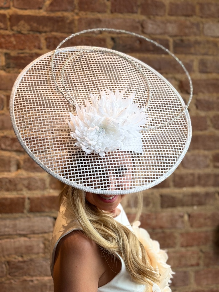 Elegant White Mesh Disc Fascinator With Flower Accent - Women's Hat